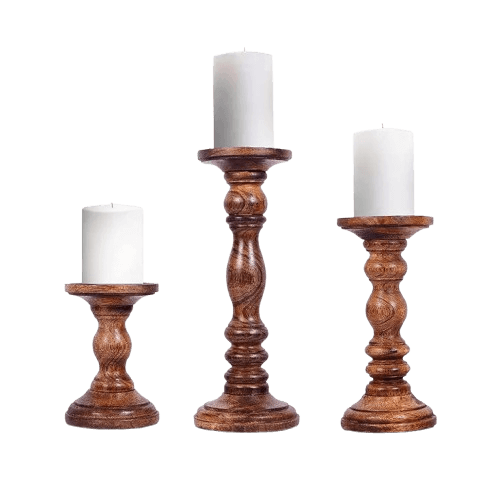 MANGO WOOD PILLAR CANDLE HOLDER SET OF 3 (POLISH)